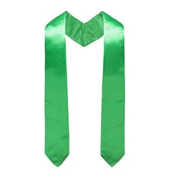 A green satin graduation honour stole with a V-shaped neckline and long tails. It features a simple design and has a logo.