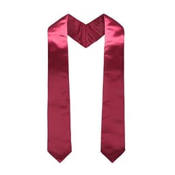 A maroon satin graduation honour stole with a V-shaped collar and tapered ends. It features a simple design and has a logo.