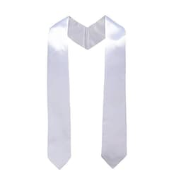 A white satin graduation honour stole with a V-shaped collar and long hanging ends.