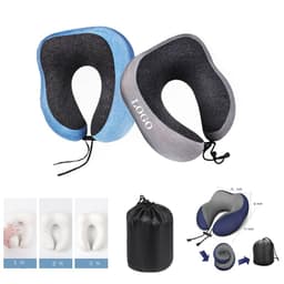 A portable U-shape memory foam pillow in blue and grey, featuring a drawstring and a black storage bag.