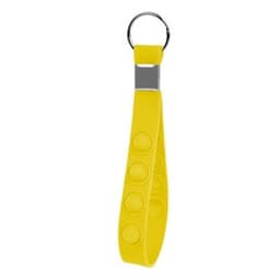 A yellow custom Pop-It keychain wristband with a metal keyring and raised bubble buttons.