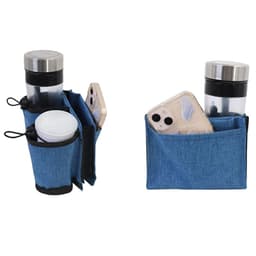A drink bag in blue fabric, featuring compartments for two drink bottles and a phone, with a simple logo.
