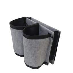 A drink bottle holder in grey fabric with black edges, featuring two compartments and a flat back.