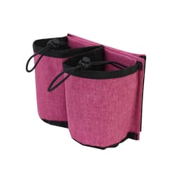 A drink bottle holder in pink fabric with black accents and two compartments. Features a logo on the front.