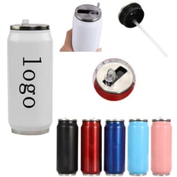 A drink bottle featuring a stainless steel can tumbler design in white, with a clear straw and a lid, alongside colour variations.