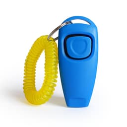 A blue pet training clicker with a yellow coiled keyring attached.