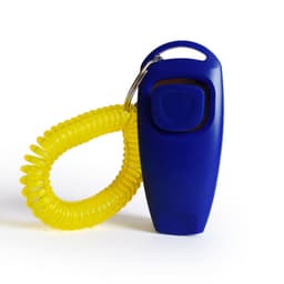 A blue pet training clicker with a yellow coiled wrist strap. It includes a button for sound activation.