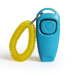 A blue pet training clicker with a yellow coiled strap attached. The clicker has a circular button and a keyring.