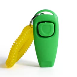 A green pet training clicker with a yellow coiled wrist strap.