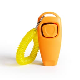 An orange pet training clicker with a yellow coiled wrist strap. It features a button for easy operation.