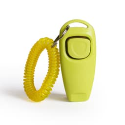 A yellow 2 in 1 pet training clicker attached to a coiled wristband. The clicker has a rounded design with a button.