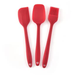 A set of three red silicone baking utensils, including a spatula, a scraper, and a basting brush, with a logo.