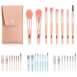 An 8-piece makeup brush set in pastel pink and blue, featuring a storage case and various brush designs.