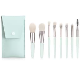 A mint green 8-piece makeup brush set, with soft bristles and a matching case for storage.