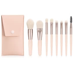 An 8-piece makeup brush set featuring soft bristles and a pink carrying case. Includes various brush types for application.