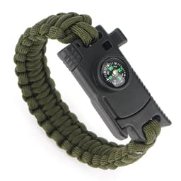 A green survival paracord bracelet featuring a multi-tool design with a small compass attachment.