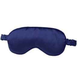 A navy blue imitated silk sleeping eye mask with an elastic strap. It features a logo on the side.