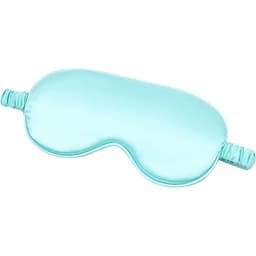 A turquoise silk sleeping eye mask with an elastic strap and a smooth surface. Features a logo on the side.