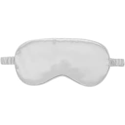 A white imitated silk sleeping eye mask with an elastic strap and a logo present on the product.