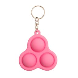 A pink fidget toy keychain featuring three poppable silicone bubbles, attached to a metal keyring.