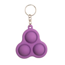 A purple fidget toy keychain featuring three pushable bubbles attached to a metal keyring.