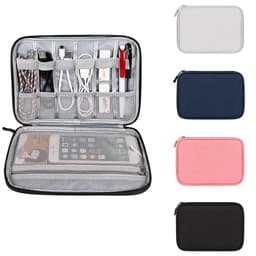 A multi-function travel electronics organiser in various colours, featuring compartments for cables, chargers, and a phone.