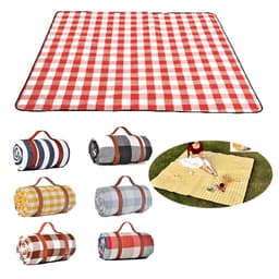 A red and white checked picnic blanket, rolled in various patterns and colours, with a logo present.