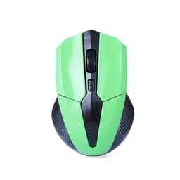 A wireless mouse in bright green and black, featuring a scroll wheel and side grips. It has a logo visible on the surface.
