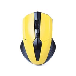 A 2.4GHz wireless mouse in yellow and black, featuring a sleek design and side grips, with a logo on it.