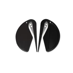 A mini letter opener in black with a sleek design featuring a silver blade and a logo.