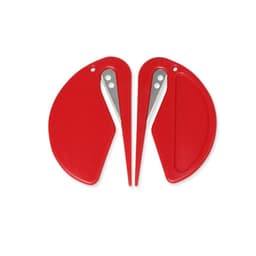 A red mini letter opener with a sleek design featuring two blades. It includes a branding logo.