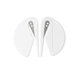 A mini letter opener set in white, featuring two curved blades with a sleek design. The product has a logo on it.