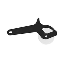 A black plastic roller pizza cutter with a circular blade and a handle, featuring a logo.