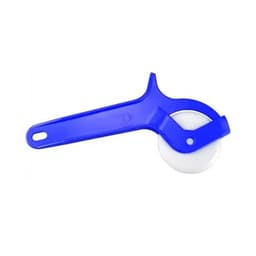 A plastic roller pizza cutter with a blue handle and a white cutting wheel. It features a branding logo.