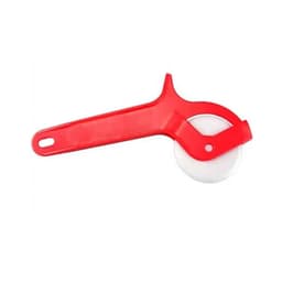 A red plastic roller pizza cutter with a white cutting wheel and a handle for easy use.
