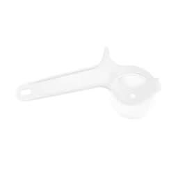 A white plastic roller pizza cutter with a handle and circular cutting wheel.