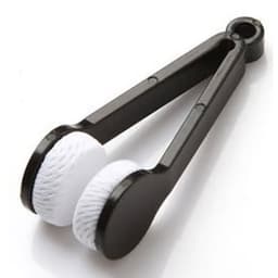 A black portable glasses cleaner brush with two white cleaning pads on the ends.