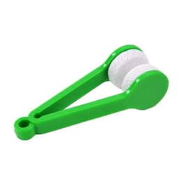 A green portable glasses cleaner brush with two white cleaning pads and a convenient handle.
