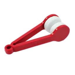 A red portable glasses cleaner brush with two white cleaning pads and a gripping handle.