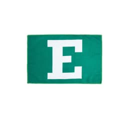 A green microfiber rally towel featuring a large white letter 'E' and a simple logo.