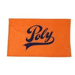 An orange microfiber towel with a large, black logo. The towel features a stitched edge for durability.
