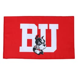 A red microfiber rally towel featuring a logo and an illustration of a dog.