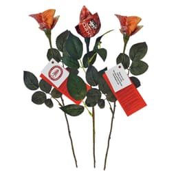 Three rose-shaped items in orange, with green leaves and stems, accompanied by tags.