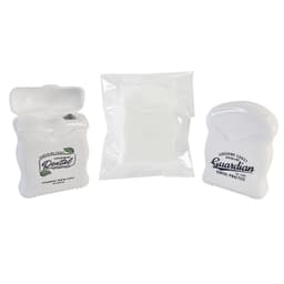 A pack of white dental floss containers, featuring a simple design and a logo. One container is slightly open.
