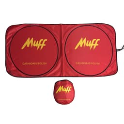 A red sunshade with two circular sections, featuring a logo in the centre and a compact storage pouch.