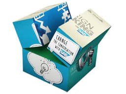 A promotional cube in blue and green with geometric designs and a logo, depicting various conversational elements.