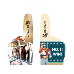 A pair of foam hands featuring a sports player with a helmet and a character holding a football, in vibrant colours.