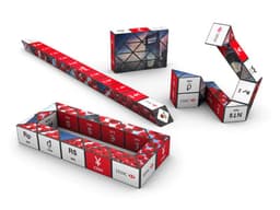 A multi-shaped puzzle product in red, black, and white with various triangular and rectangular segments, featuring a logo.