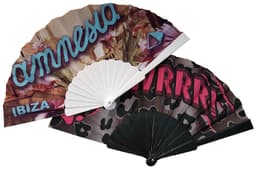 A selection of decorative folding fans featuring vibrant designs in pink, black, and multi-coloured patterns, with branding logos.