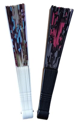 A folding fan featuring a mix of white, pink, and black patterns, with a logo on one side.